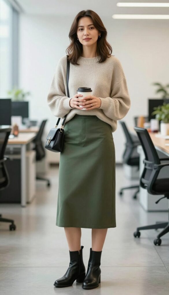 2. Oversized Sweater + Midi Skirt + Ankle Boots