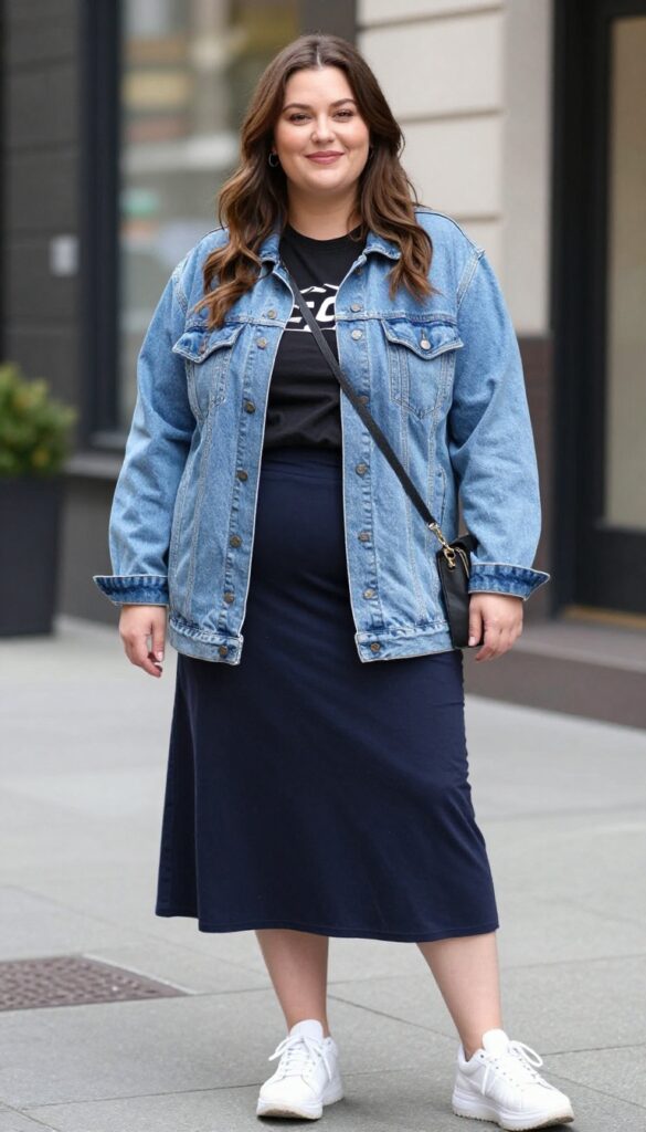 4. Denim Jacket + Midi Skirt + Graphic Tee