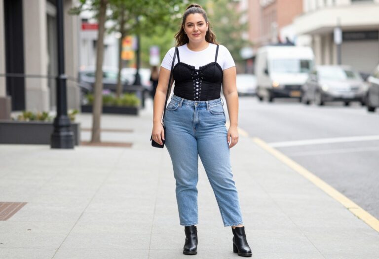 Plus size woman in black corset, white bodysuit, high-waisted jeans, and ankle boots on a sunny street