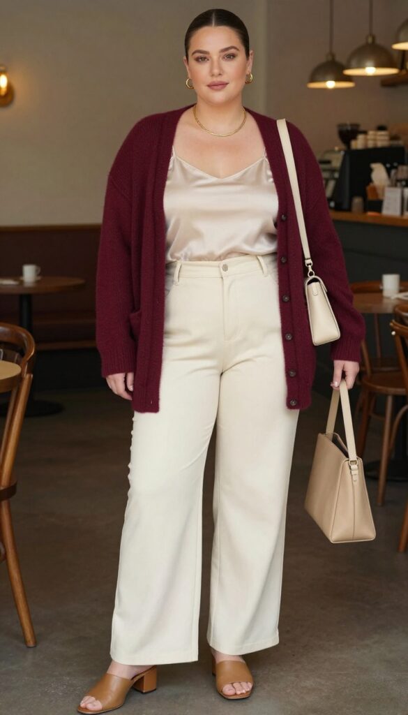 10. Burgundy Cashmere Cardigan and Cream Wide-Leg Pants
