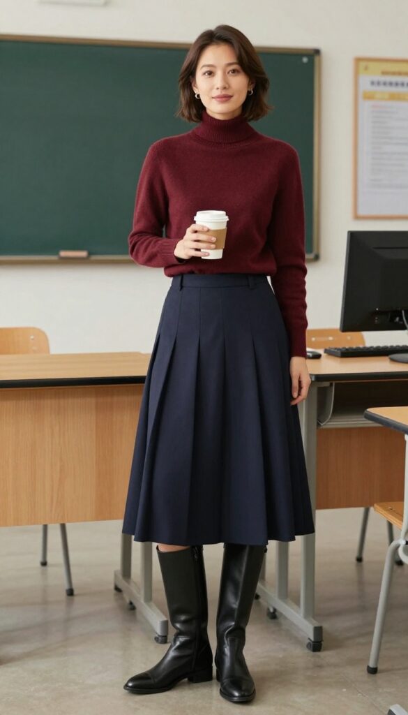 6. Turtleneck + Pleated Skirt + Knee-High Boots