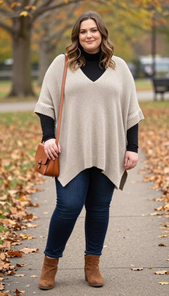 10. Poncho with Straight-Leg Jeans and Ankle Boots