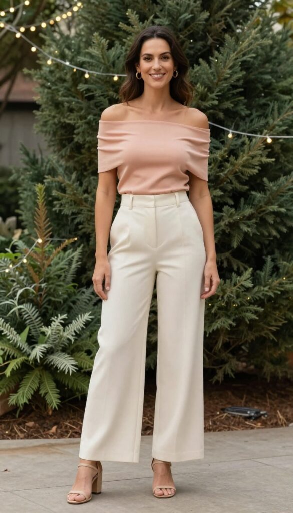 Woman in soft peach off-the-shoulder top and cream wide-leg trousers at garden wedding