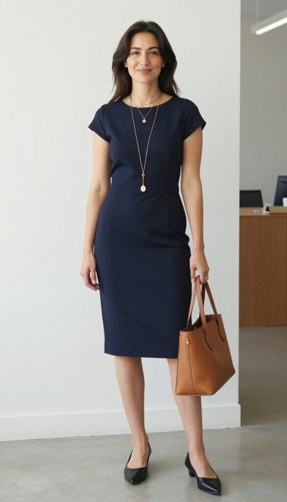 10. Layered Necklaces Over a Simple Sheath Dress