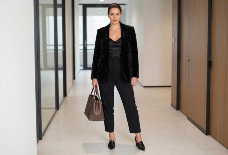 Woman in black velvet blazer and silk camisole standing in modern office hallway