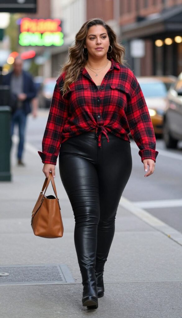 2. City Slicker: Leather Leggings + Oversized Plaid Shirt + Ankle Boots
