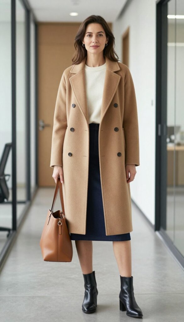 14. Double-Breasted Coat + Cashmere Sweater + Midi Skirt + Heeled Ankle Boots