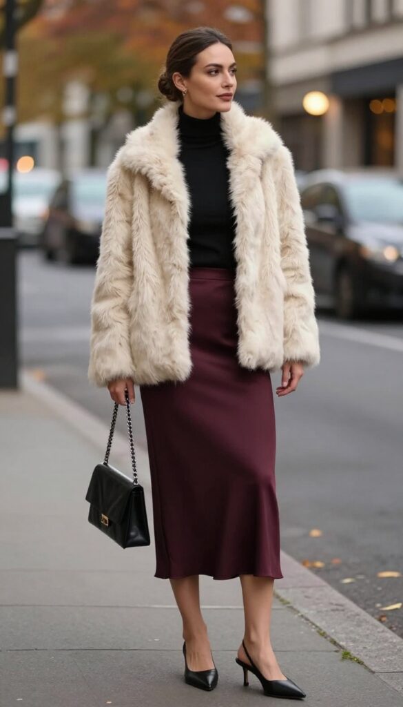14. Faux Fur Vest and Satin Skirt