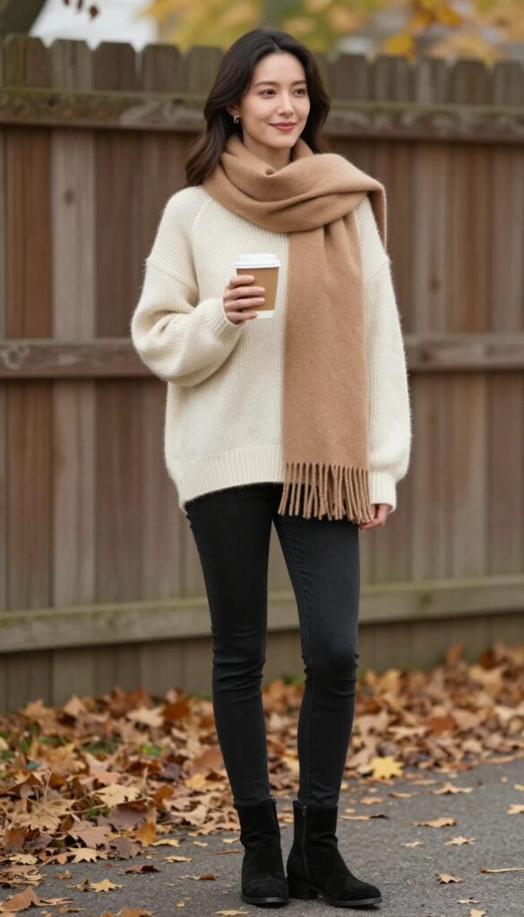 2. Chunky Knit Sweater + Fringe Scarf + Black Ankle Boots