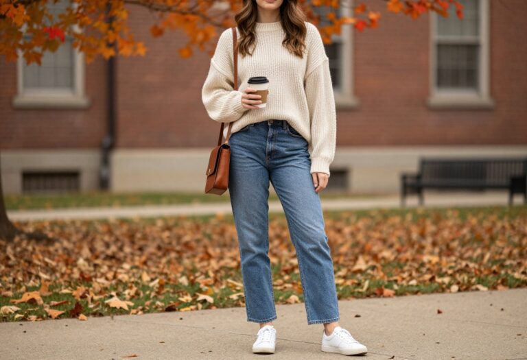Young woman in fall college outfit with chunky sweater, jeans, and sneakers on campus