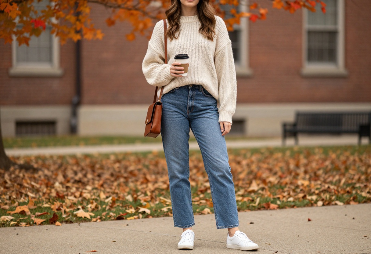 Young woman in fall college outfit with chunky sweater, jeans, and sneakers on campus