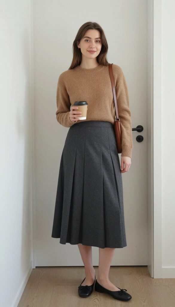 3. Pleated Midi Skirt with a Cashmere Crewneck