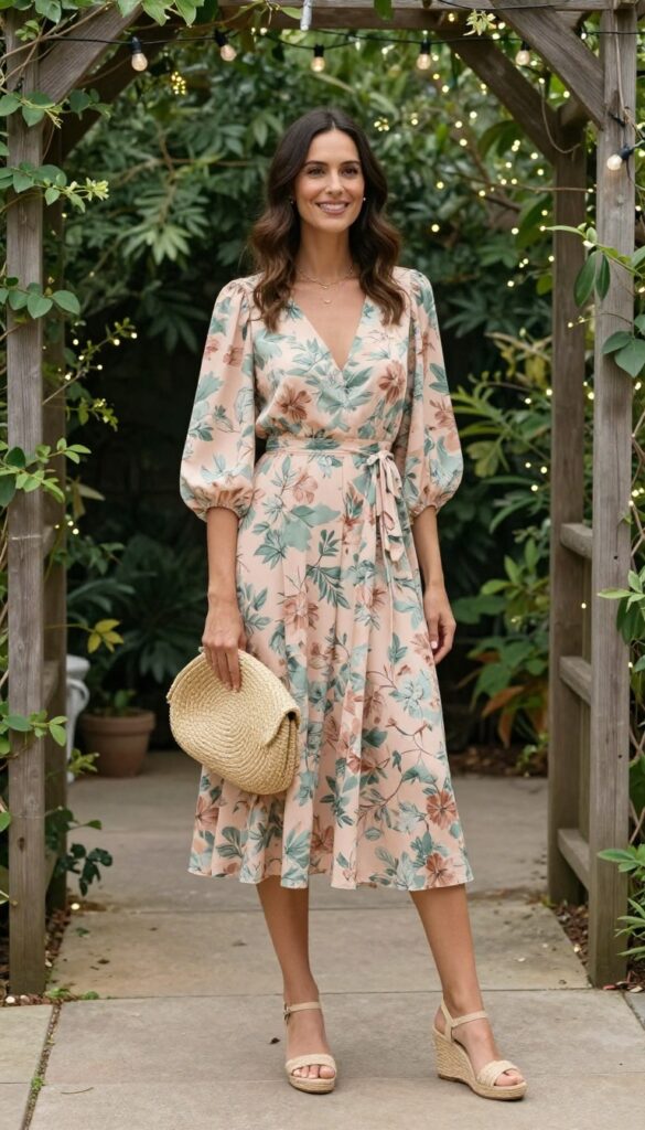 Woman in floral midi dress and woven wedges at backyard garden wedding