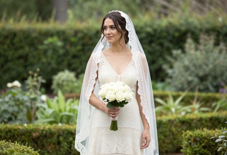 Woman in ivory crochet maxi dress with cathedral veil in garden