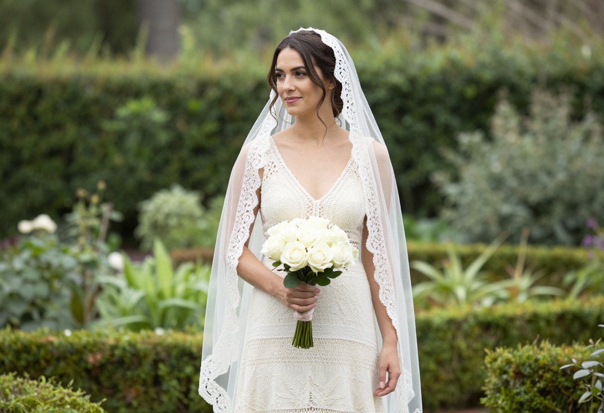 Woman in ivory crochet maxi dress with cathedral veil in garden