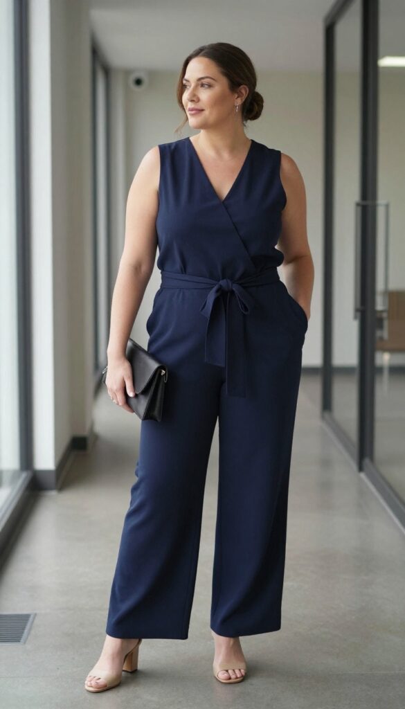 8. Jumpsuit with a Waist Tie and Heeled Mules