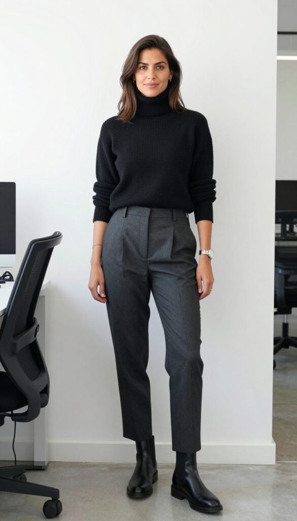 5. The Minimalist Turtleneck and Pleated Trousers