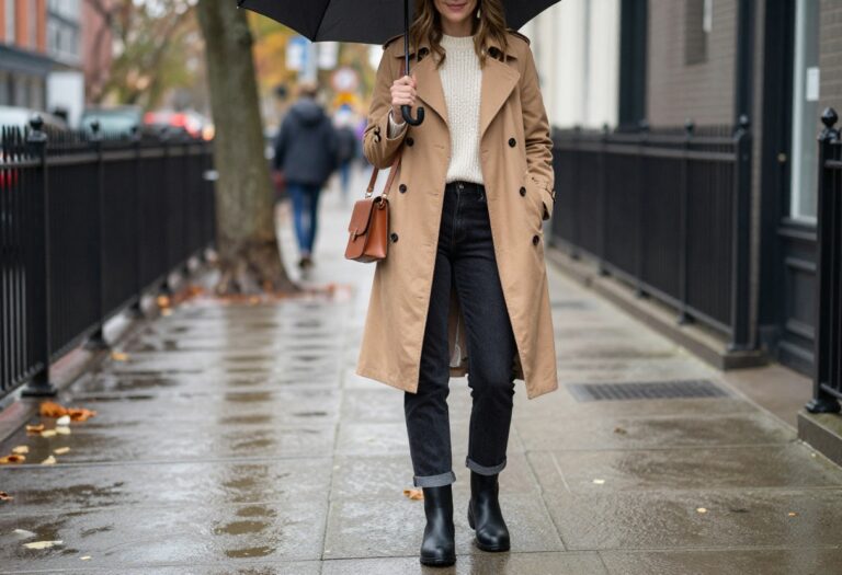 Woman in camel trench coat and rain boots on rainy fall street