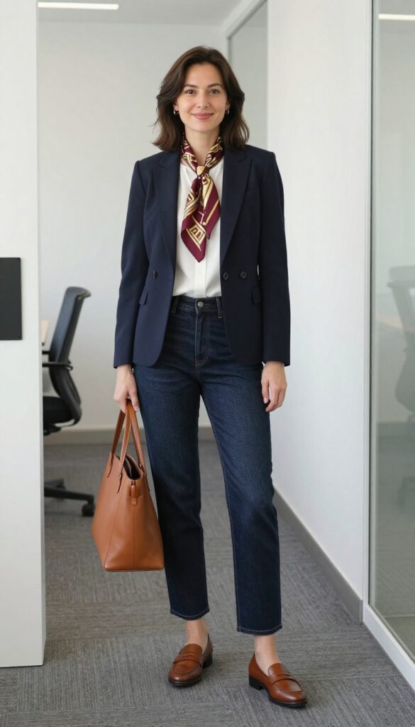 6. Blazer and Denim with a Silk Scarf