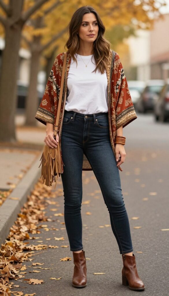 12. Bohemian Kimono Over a Simple Outfit