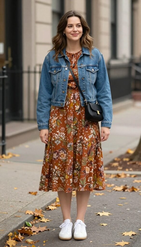 11. Denim Jacket + Midi Dress + White Sneakers