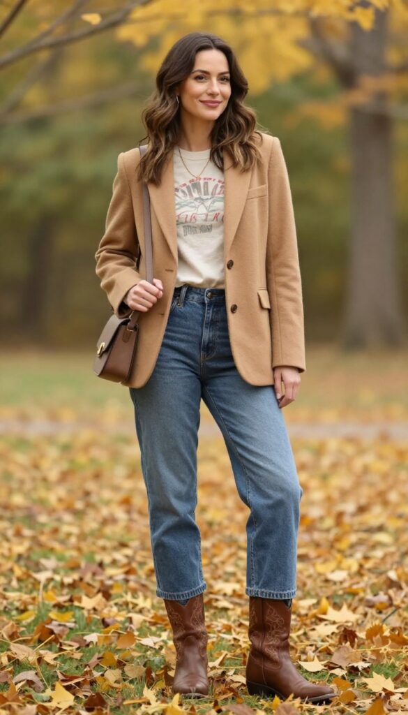 10. Blazer + Band Tee + Straight Jeans + Western Boots