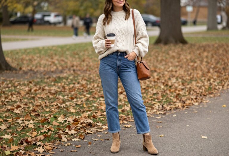 Midsize woman in fall outfit with oversized sweater, straight-leg jeans, and ankle boots in an autumn park setting