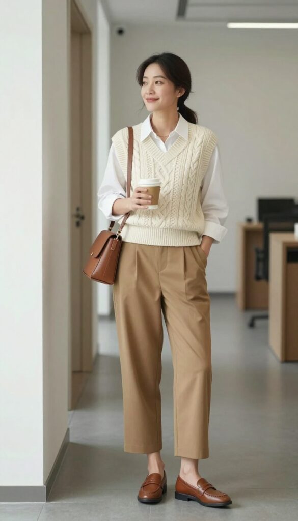 7. Sweater Vest + Button-Down + Wide-Leg Cropped Pants
