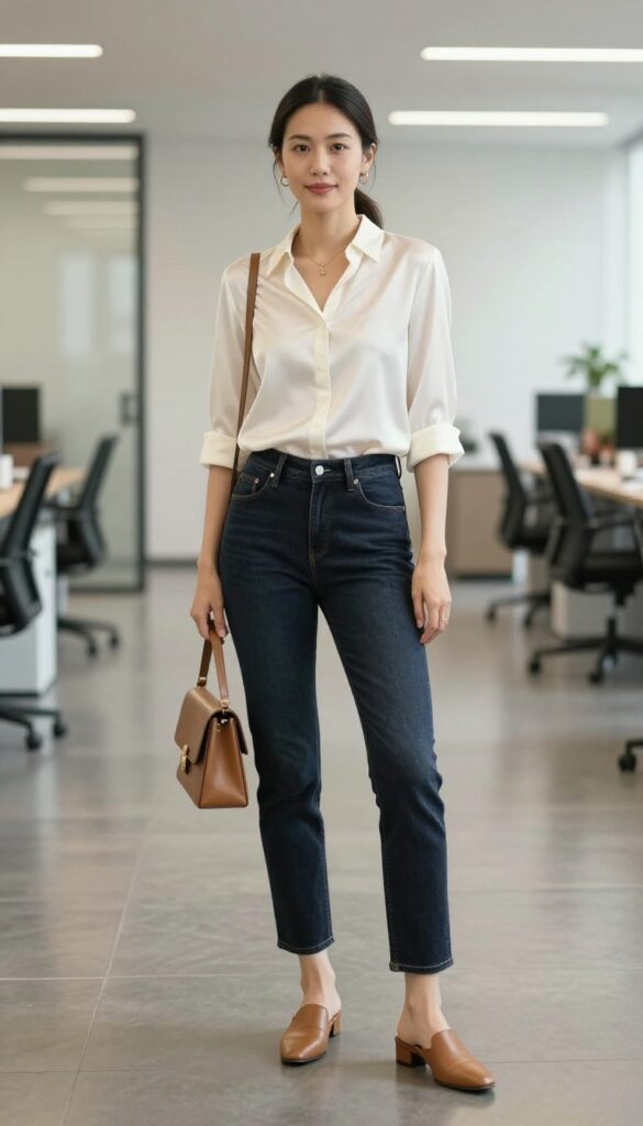 7. The Silk Blouse with Dark Denim