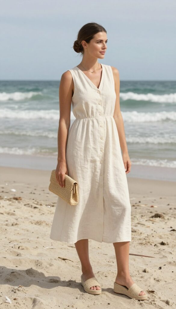 Woman in ivory linen midi dress with shell buttons, wedge espadrilles, and straw clutch on sunny beach