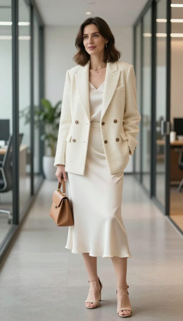15. Double-Breasted Blazer and Silk Skirt