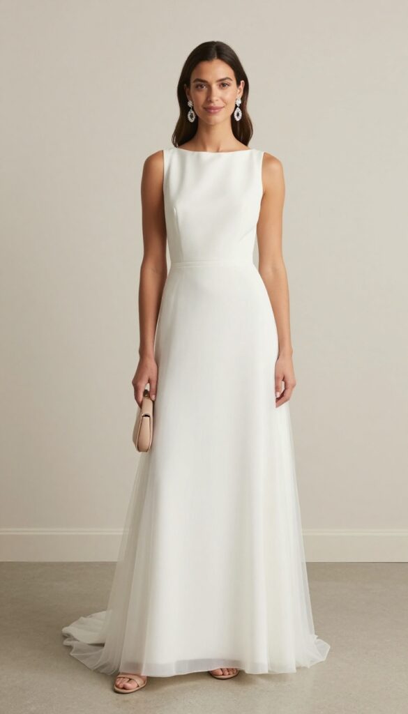 Minimalist bride in sleeveless white tulle wedding dress with bare shoulders, bold crystal drop earrings, sleek updo, nude strappy heels, and small nude clutch, standing in bright indoor venue.