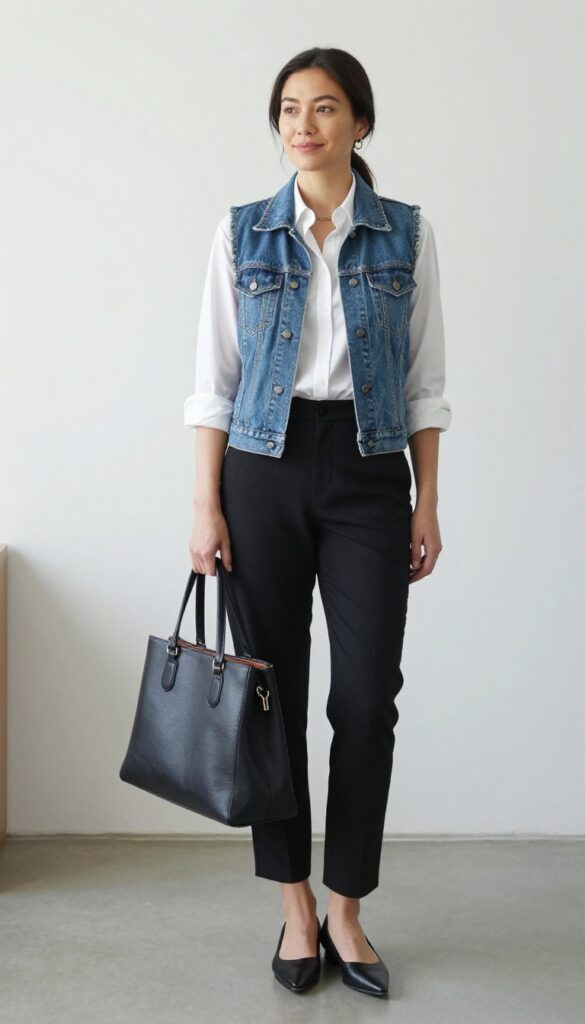 11. Denim Vest Over a Button-Down Shirt