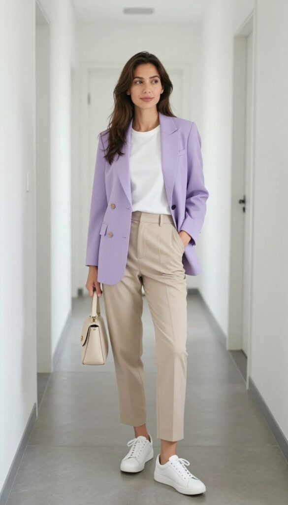 1. Pastel Blazer + White Tee + Cropped Trousers