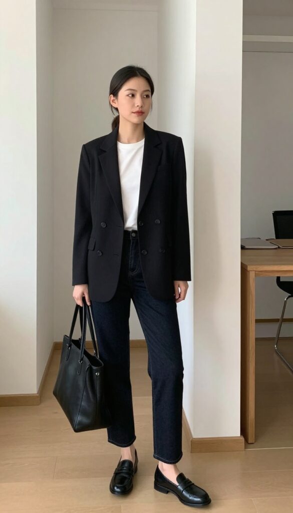 6. Black Blazer + White Tee + Dark Jeans + Loafers