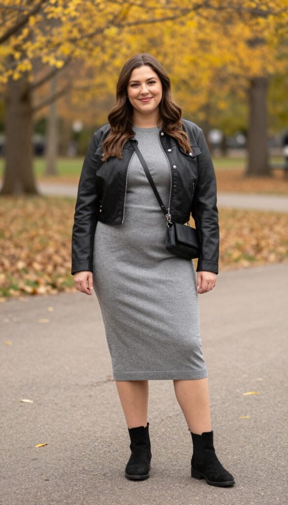 9. Gray Knit Midi Dress with a Faux Leather Jacket