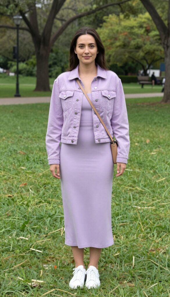 Woman in lavender A-line dress with denim jacket, white sneakers, and tan crossbody bag in sunny park