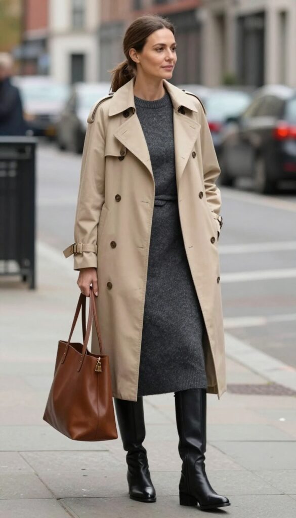 6. Trench Coat + Knit Dress + Knee-High Boots