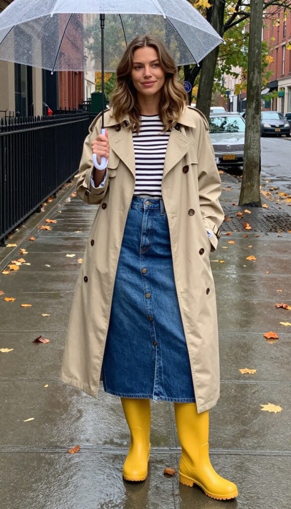 11. Button-Front Midi Skirt with Rain Boots and a Trench Coat