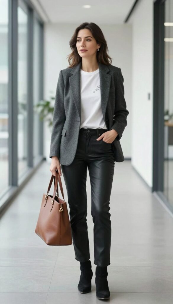 11. Blazer with a Graphic Tee and Leather Pants