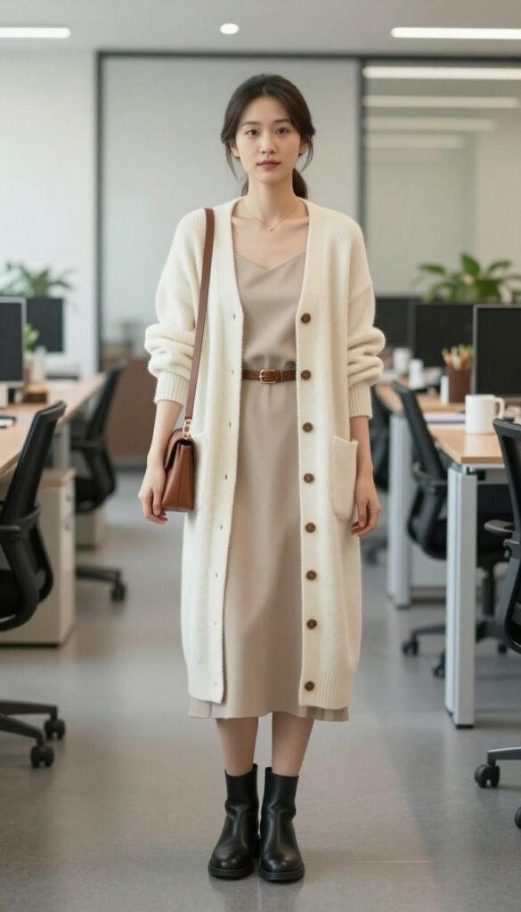 3. Chunky Knit Cardigan + Slip Dress + Ankle Boots