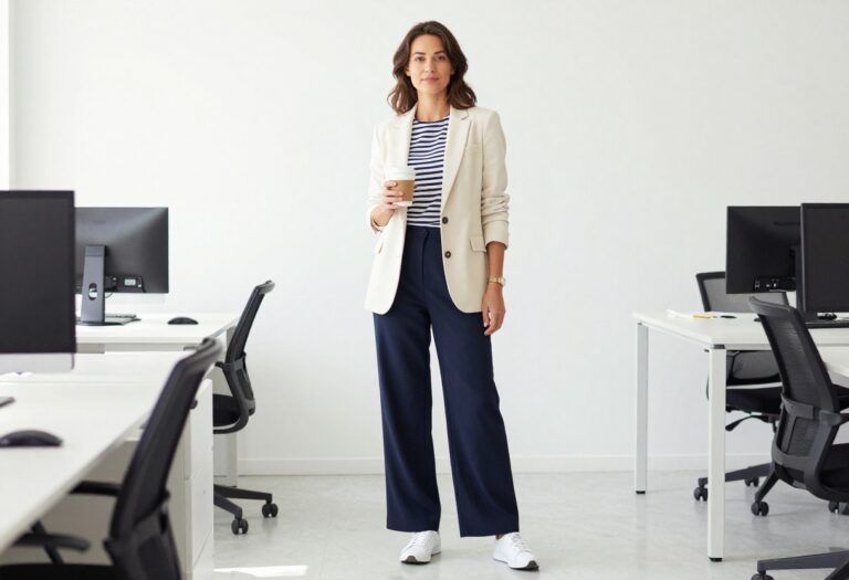 Woman in cream blazer, striped tee, wide-leg trousers, and white sneakers standing in a modern office