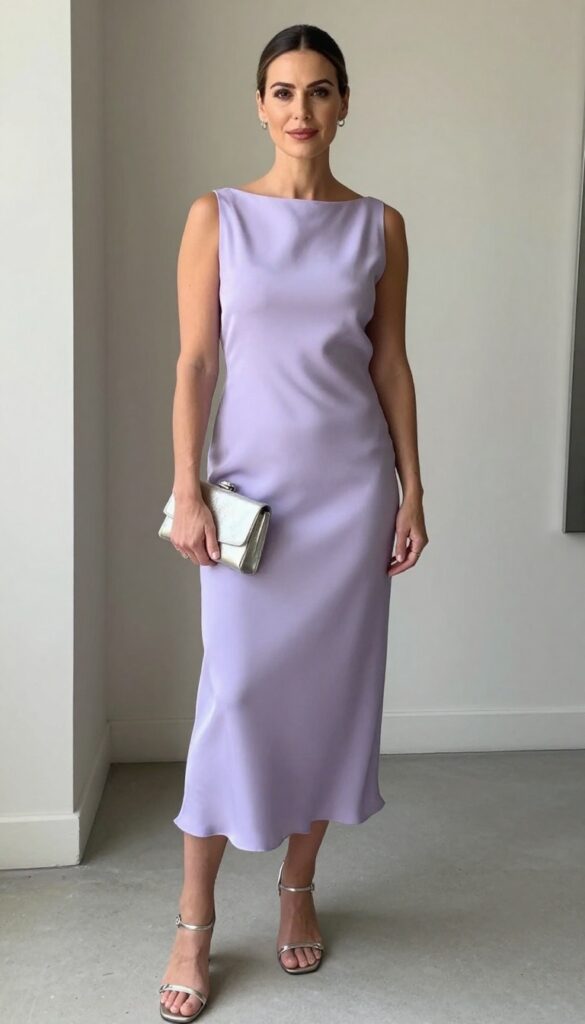 Young adult woman in lavender satin boat neck bishop sleeve dress with silver sandals and metallic clutch, standing in elegant indoor venue, soft lighting, Instagram-style wedding outfit.