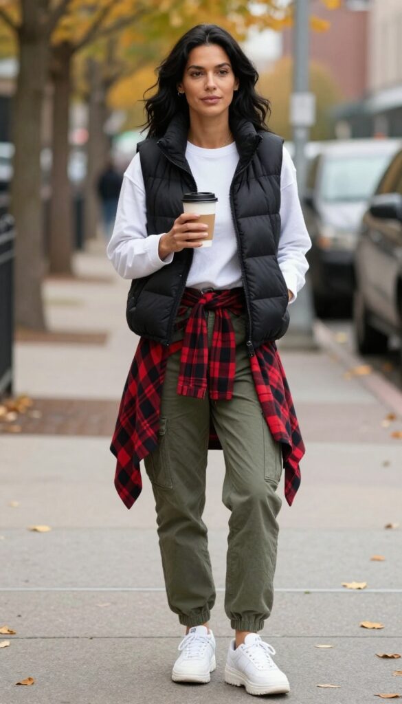 7. Puffer Vest with Layered Tees and Cargo Pants