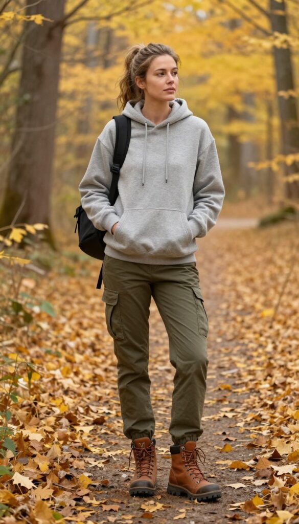 12. Fleece-Lined Hoodie with Cargo Pants and Hiking Boots