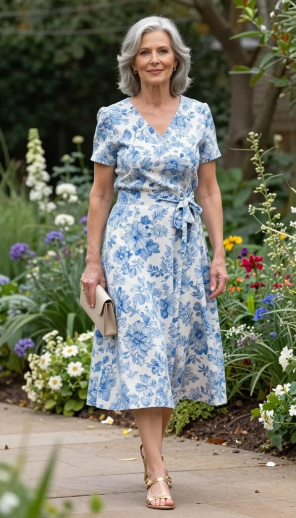 Older woman in floral co-ord set with gold sandals and beige clutch in garden