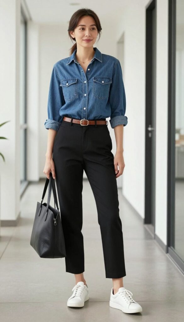 11. The Denim Shirt and Black Pants