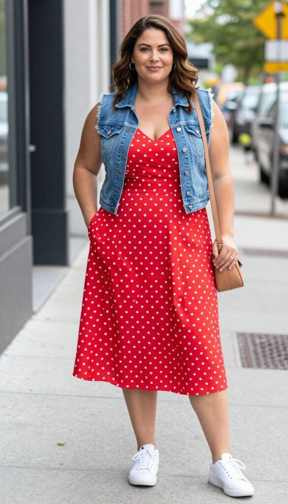 13. Polka Dot Dress with a Denim Vest