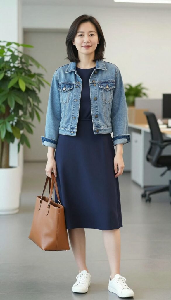 10. The A-Line Dress with a Denim Jacket and Sneakers