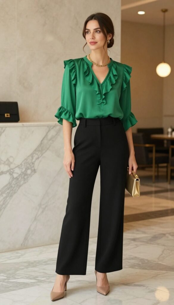 11. Ruffled Blouse with High-Waisted Wide-Leg Pants